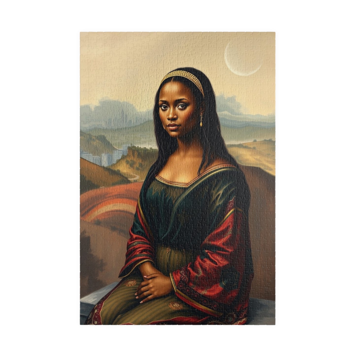 African American Woman Mona Lisa-Inspired Puzzle, Rolling Hills and Cityscape Background Jigsaw Game, Mindful Activity, Puzzle Lover Gift