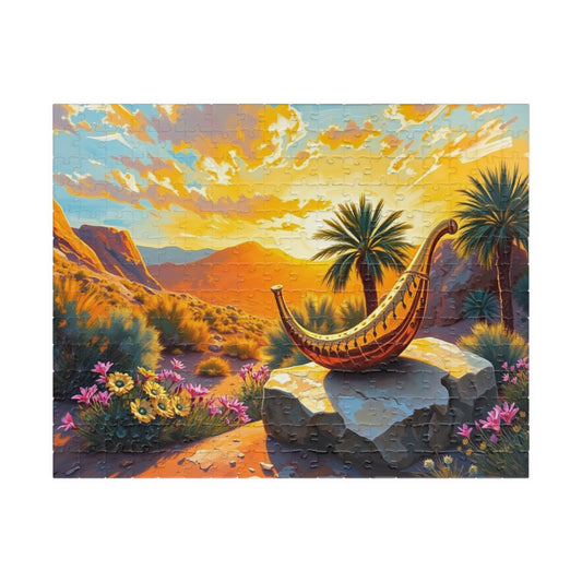 Golden Shofar Jigsaw Puzzle, Desert Oasis Landscape with Palm Trees Wildflowers, Faith-Based Religious Christian Tabletop Game, Jewish Gift