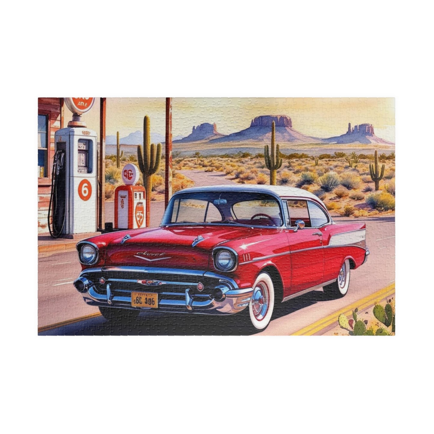 Vintage Vehicle Puzzle, 1957 Chevy Bel Air on Route 66 Retro Gas Station Desert Landscape Scenery, Jigsaw Game for Car Lover, Relaxing Hobby 1014 pcs (Horizontal) Puzzle The Puzzle Chest