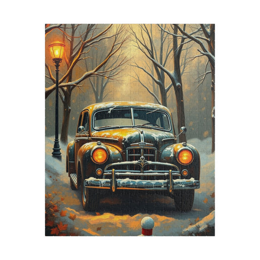 Vintage Car Jigsaw Puzzle Winter Scene, 110 252 520 1014-piece, Christmas Gift, Holiday Activity, Snowy Day Activity, Car Lover Gift, Retro