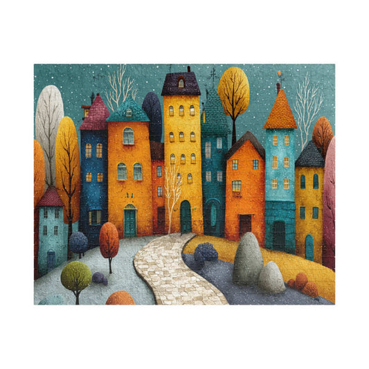 Playful Fantasy Village Jigsaw Puzzle – Artistic Townscape with Colorful Homes, Winding Path and Storybook Landscape Puzzle The Puzzle Chest