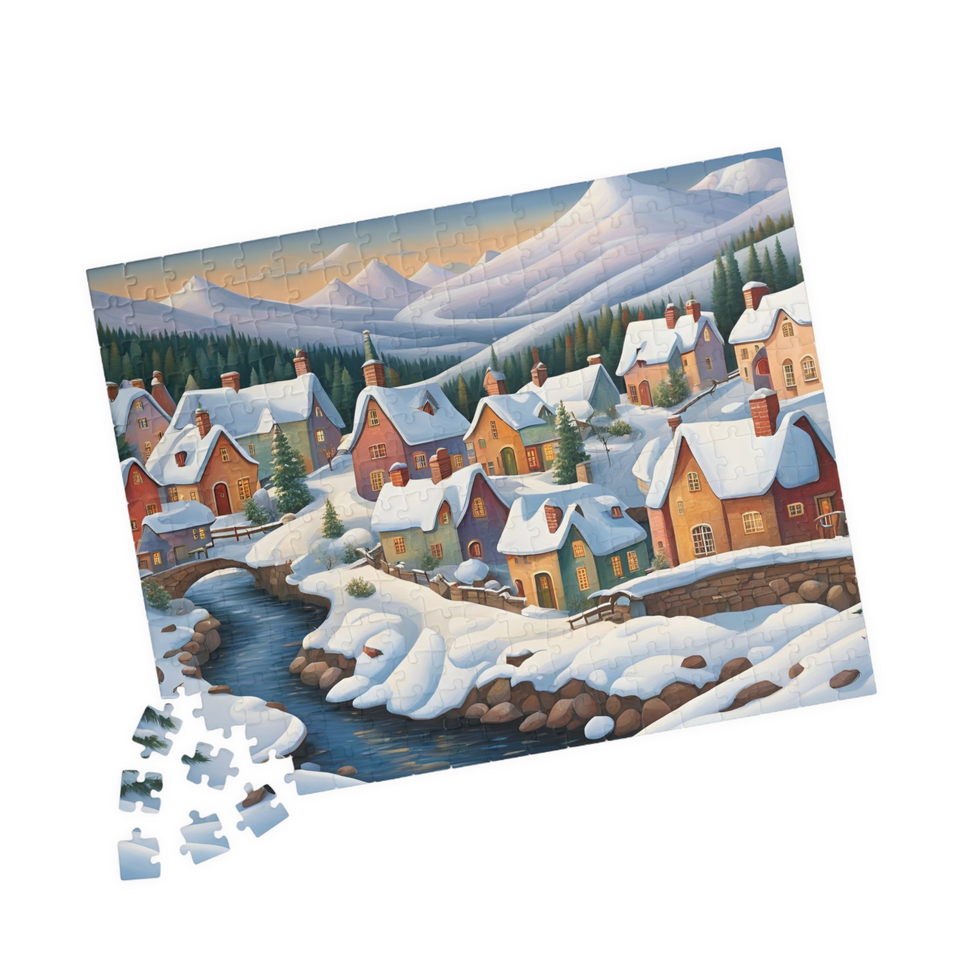 Jigsaw Puzzle, Scandinavian Winter Village, Lake & Mountain View, 110, 252, 520, 1014-Piece. Winter Wonderland Puzzle, Christmas Gift, The Puzzle Chest