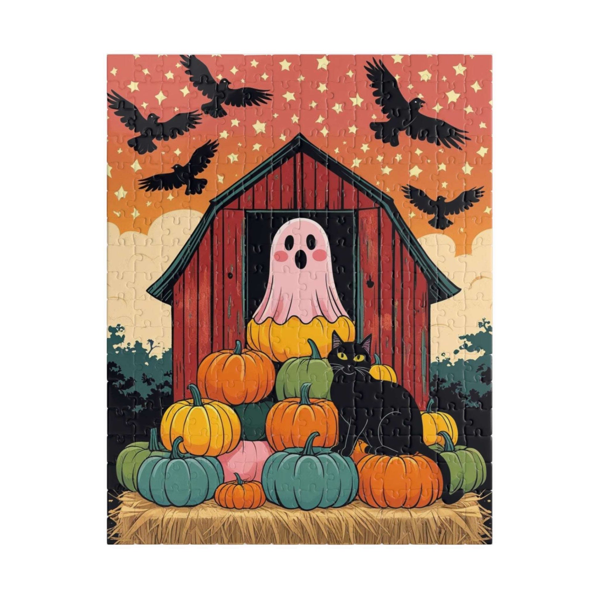 Haunted Barn Halloween Jigsaw Puzzle - Ghost, Cat and Pumpkin Barnyard Scene