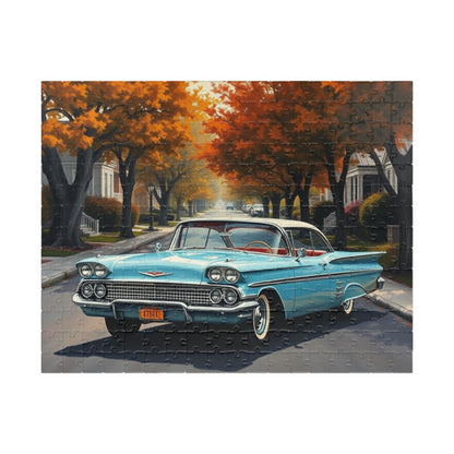 Vintage Car Jigsaw Puzzle, Classic 1958 Impala, Retro 1950s Flower-Lined Neighborhood Scene 252 pcs (Horizontal) Puzzle The Puzzle Chest