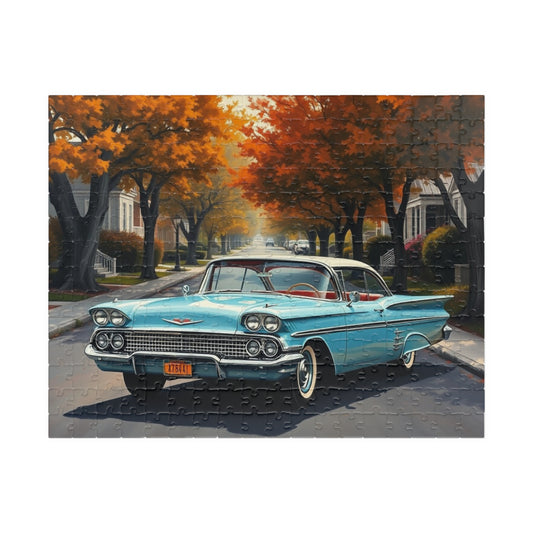 Vintage Car Jigsaw Puzzle, Classic Baby-Blue 1958 Chevrolet Impala, Retro 1950s Flower-Lined Neighborhood Scene, Best Car Lover Gift for Him 252 pcs (Horizontal) Puzzle The Puzzle Chest