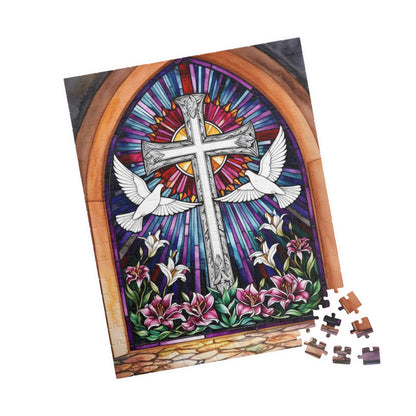 Stained Glass Cross Puzzle, Dove and Lily Flower Design, Faith-Based Christian Jigsaw Game for Adults, Mindful Hobby Gift for Puzzle Lover