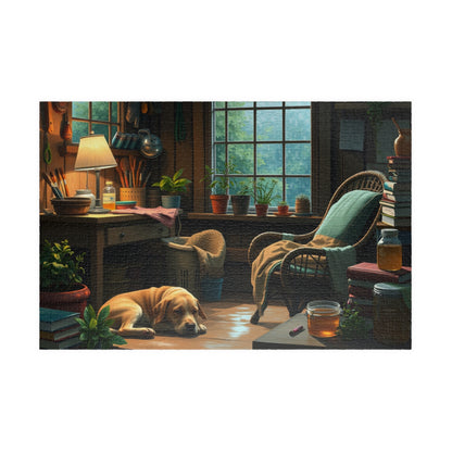 Jigsaw Puzzle, Cozy Garden Workshop Interior with Dog, Hobby Activity, Relaxing Pastime, Indoor Entertainment, Mindful Meditation, Stress