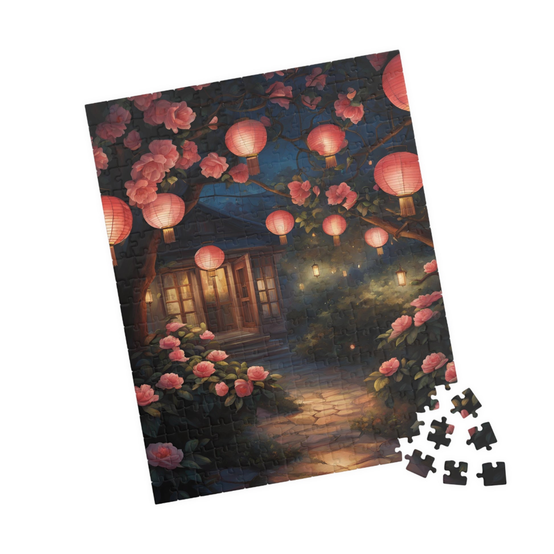 Cottage Landscape Jigsaw Puzzle, Nature-Inspired Floral Flower Design, Nighttime Lanterns and Camellias, Relaxing Hobby, Family Game Night Puzzle The Puzzle Chest
