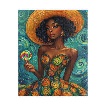 Afrocentric Woman in Swirl Dress Puzzle | Black Woman Jigsaw Game