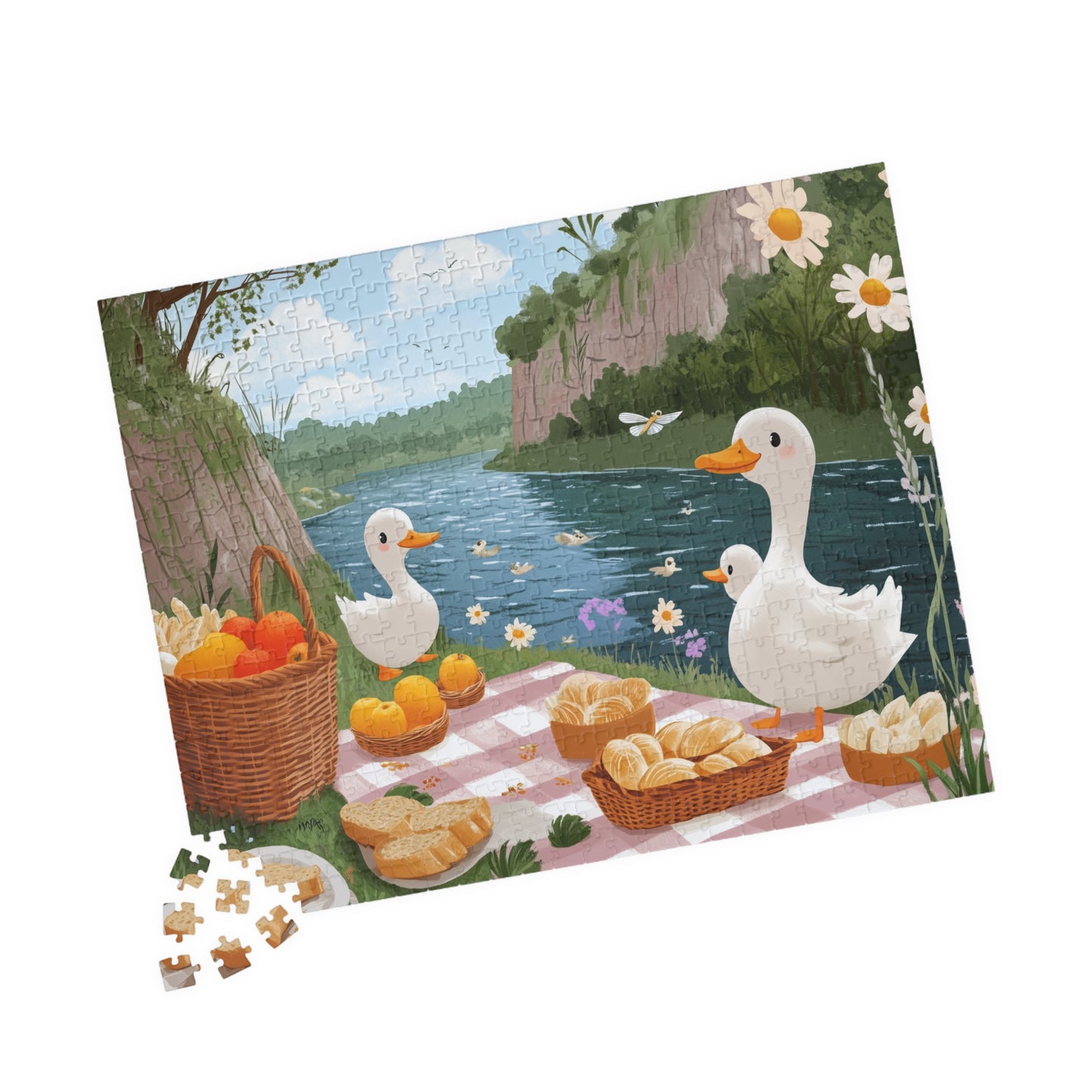 Duck Picnic Jigsaw Puzzle | Scenic Riverbank Farm Animal Illustration 520 pcs (Horizontal) Puzzle The Puzzle Chest