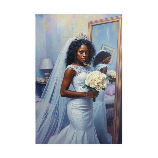 African American Bride Puzzle, White Lace Gown and Tiara, Black Woman Wedding Day Reflection Jigsaw Game, Mindful Activity Puzzle Lover Gift