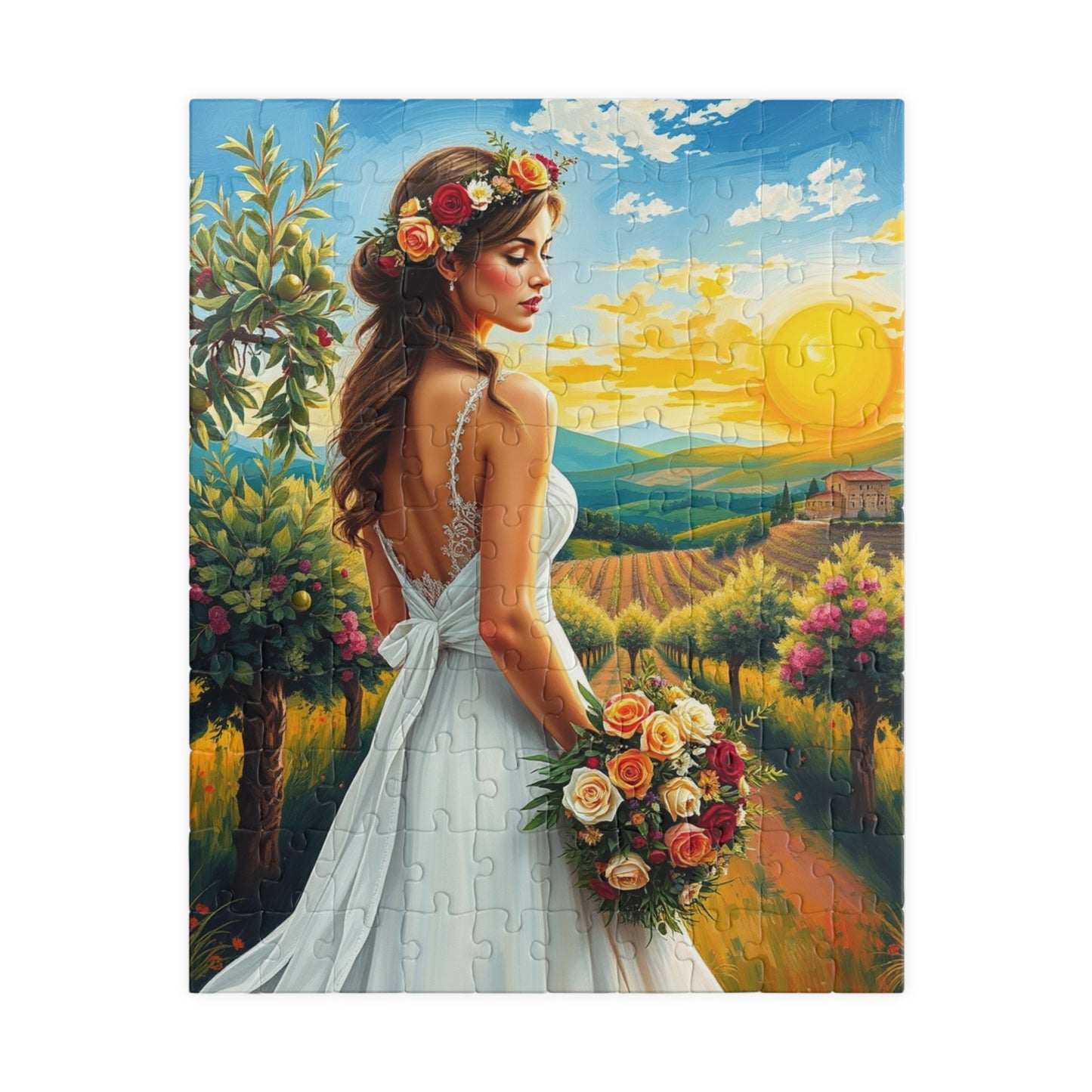Romantic Italian Bride Jigsaw Puzzle, White Gown Floral Crown Rose Bouquet, Tuscan Wine Vineyard Romantic Wedding, Unique Puzzle Lover Gift 110 pcs (Vertical) Puzzle The Puzzle Chest