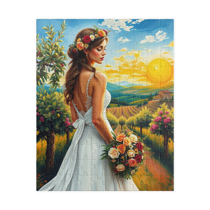 Romantic Italian Bride Jigsaw Puzzle, White Gown Floral Crown Rose Bouquet, Tuscan Wine Vineyard Romantic Wedding, Unique Puzzle Lover Gift 110 pcs (Vertical) Puzzle The Puzzle Chest
