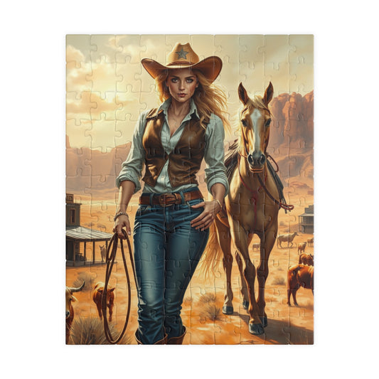 Blonde Cowgirl Puzzle, Palomino Horse Saloon and Grazing Cattle in the Desert, Western Frontier Landscape Jigsaw Game, Puzzle Lover Gift 110 pcs (Vertical) Puzzle The Puzzle Chest