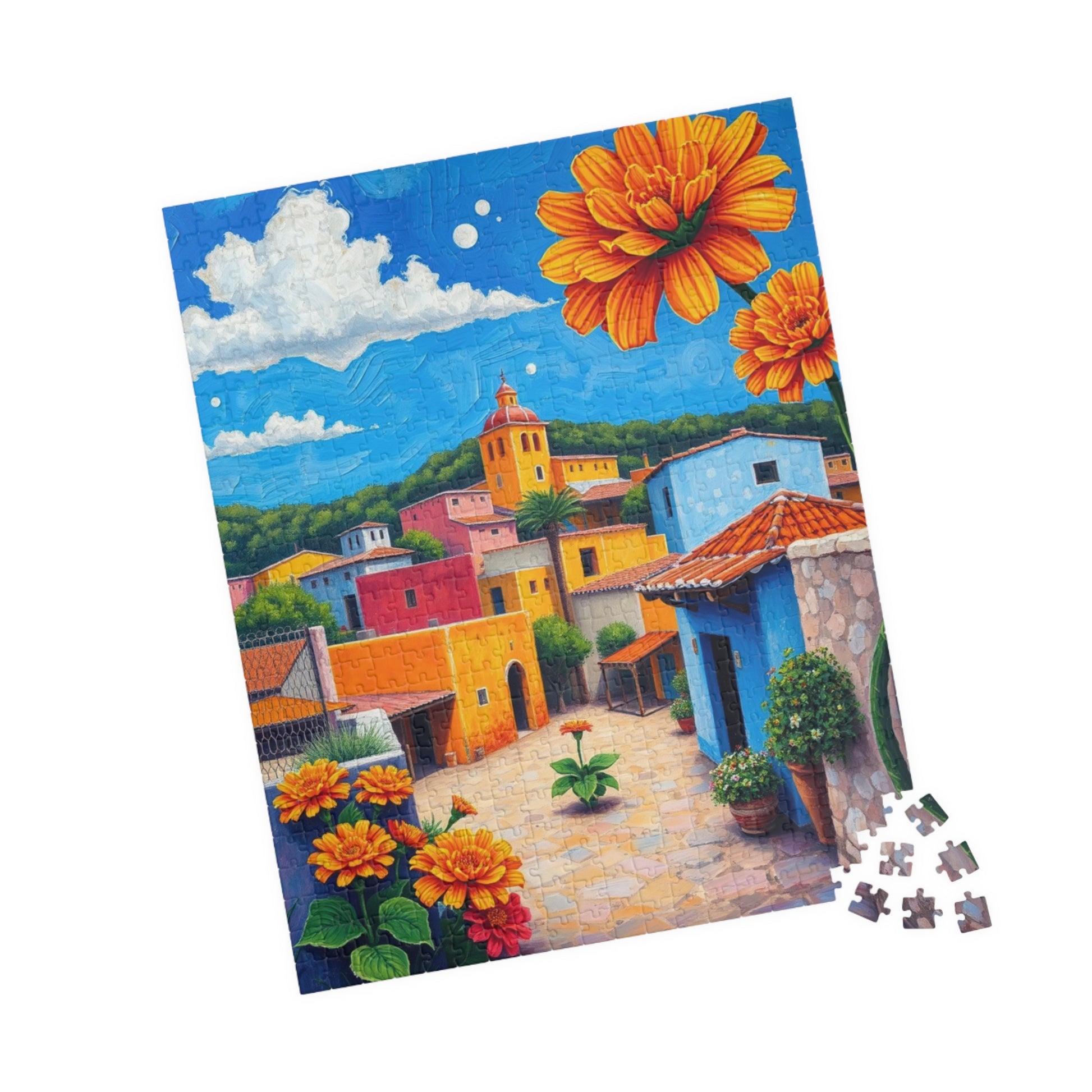 Mexican Village Jigsaw Puzzle, 110 252 520 1014 Pieces, Colorful Houses Milagros Marigolds Blue Sky, Gift for Puzzle Enthusiasts, Mindful Puzzle The Puzzle Chest