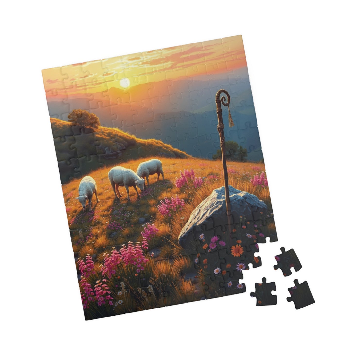 Peaceful Pastoral Sunset Puzzle, Religious Themed Jigsaw Game, Nature-Inspired Serene Landscape with Sheep Grazing on a Wildflower Hill Puzzle The Puzzle Chest