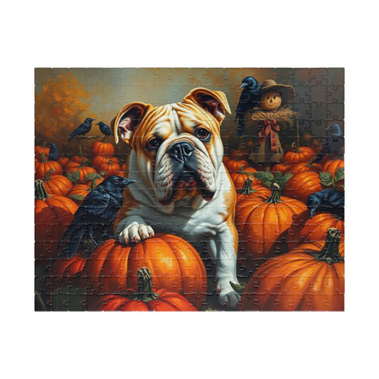 Autumn Pumpkin Dog Puzzle, Fall Bulldog Jigsaw Game for Dog Lover Gift, Family Game Night, Halloween Fun, Thanksgiving Activity Brain Teaser 252 pcs (Horizontal) Puzzle The Puzzle Chest
