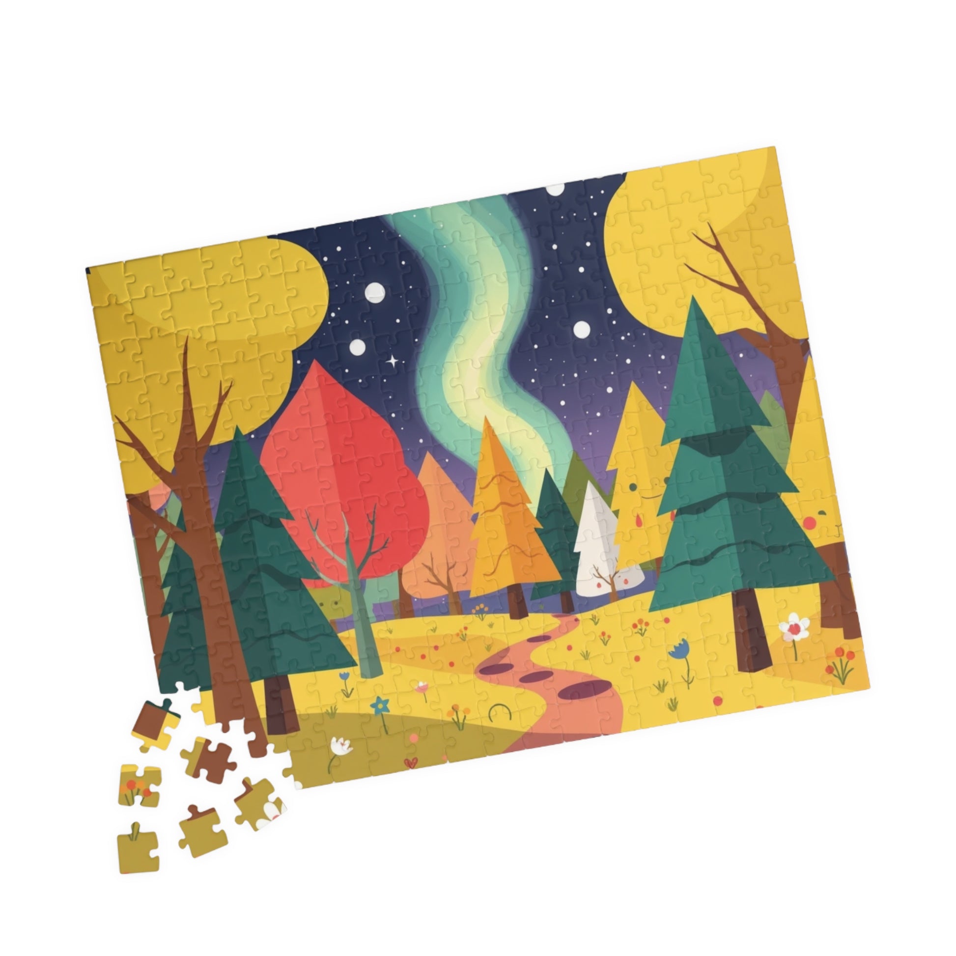 Magical Forest Landscape Jigsaw Puzzle - Abstract Geometric Trees in Bold Bright Colors Puzzle The Puzzle Chest