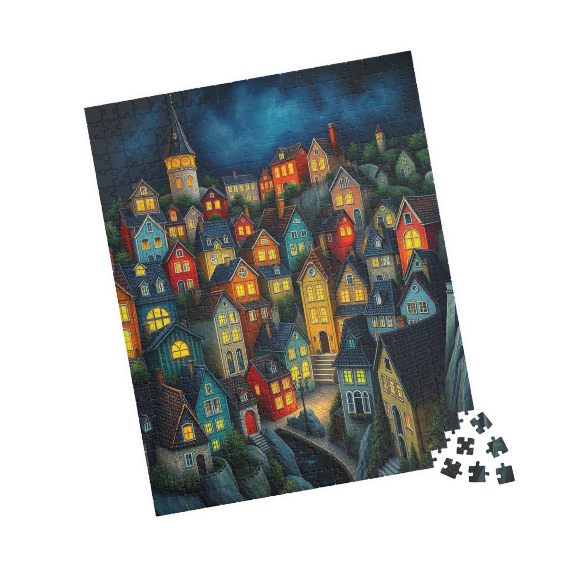 Village Puzzle at Night with Colorful Houses and Glowing Windows, Nighttime Adult Jigsaw Game, Bioluminescent Town The Puzzle Chest