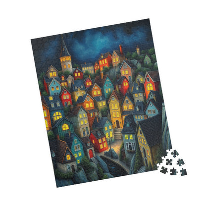 Village Puzzle at Night with Colorful Houses and Glowing Windows, Nighttime Adult Jigsaw Game, Bioluminescent Town The Puzzle Chest