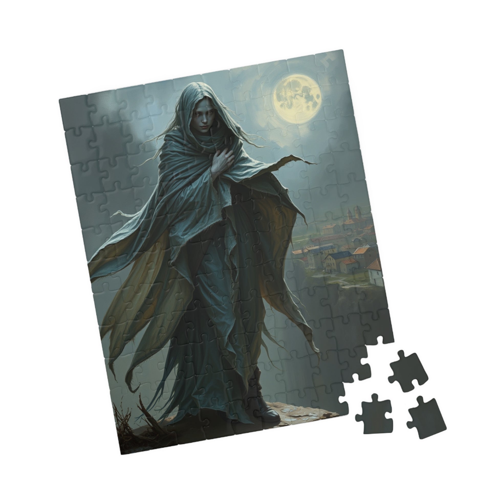 Gothic Puzzle, Banshee Design 110-1014 Piece Jigsaw, Moonlit Village Windswept Cliff Silver Gray Shroud, Unique Gift Idea, Relaxing Activity Puzzle The Puzzle Chest