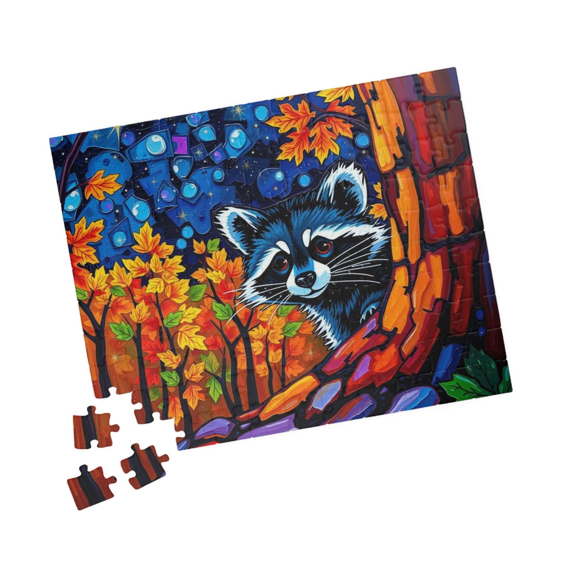 Autumn Nightscape Raccoon Puzzle, Colorful Nature Jigsaw for Solo or Family Fun, Birthday Gift for Animal Lover, Cozy Night In Entertainment