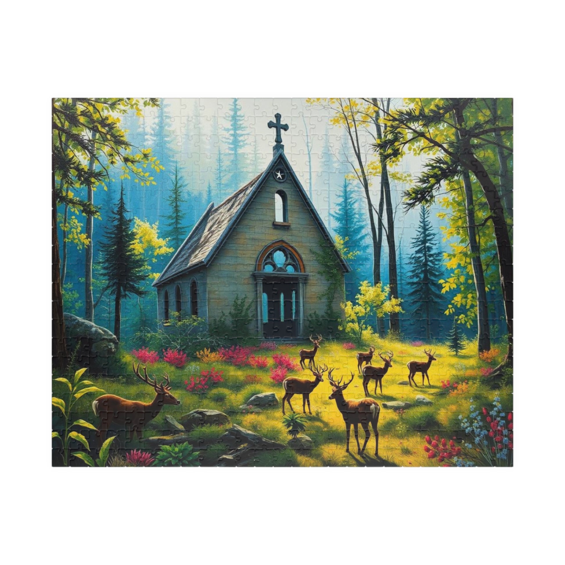 Sancturary Reclaimed Jigsaw Puzzle - Collapsed Chapel in Forest, Deer Puzzle, Gothic Puzzle, Serene Nature Puzzle, Wildlife Art Print 520 pcs (Horizontal) Puzzle The Puzzle Chest