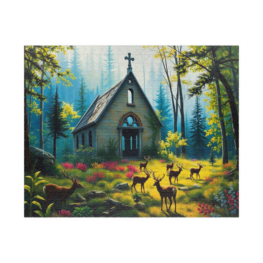 Sancturary Reclaimed Jigsaw Puzzle - Collapsed Chapel in Forest, Deer Puzzle, Gothic Puzzle, Serene Nature Puzzle, Wildlife Art Print 520 pcs (Horizontal) Puzzle The Puzzle Chest