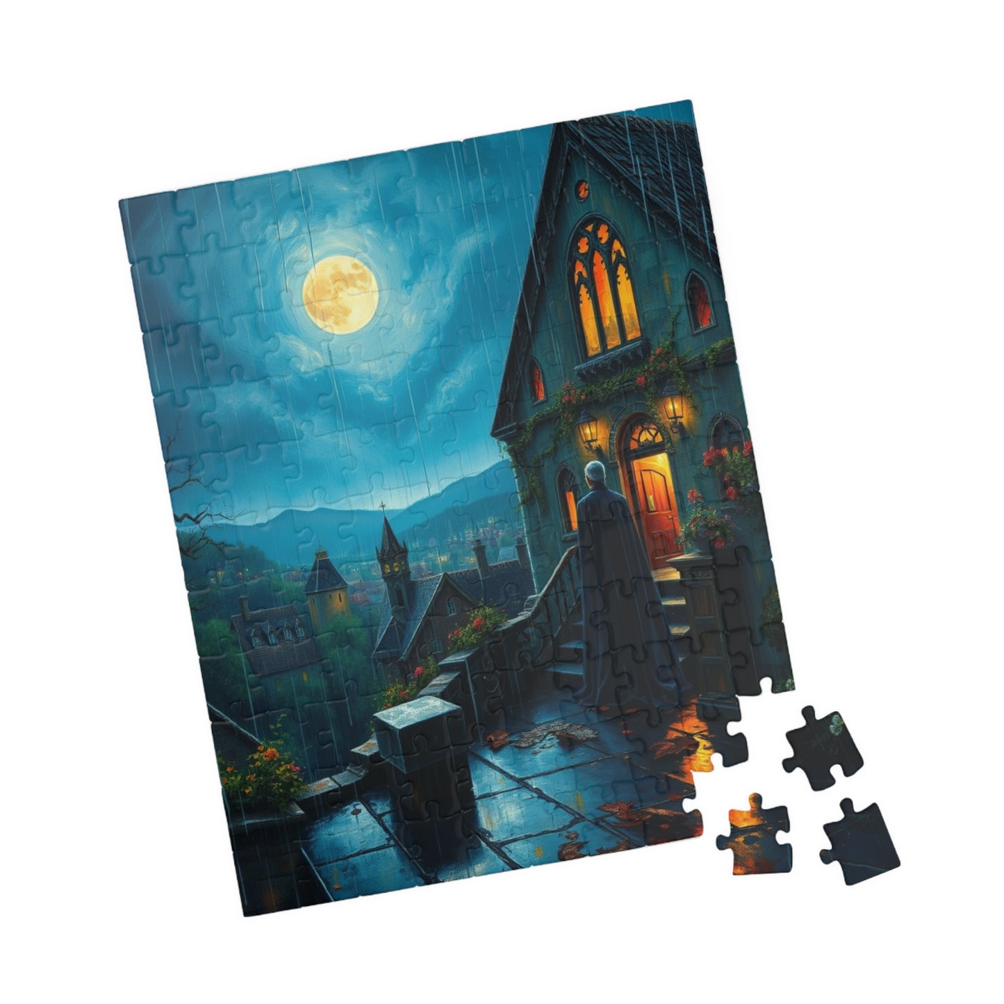 Gothic Vampire Puzzle, Rainy Night Manor Overlooking a Moonlit Village, Dark Fantasy Jigsaw Game, Gift for Lovers of Supernatural Lore Puzzle The Puzzle Chest