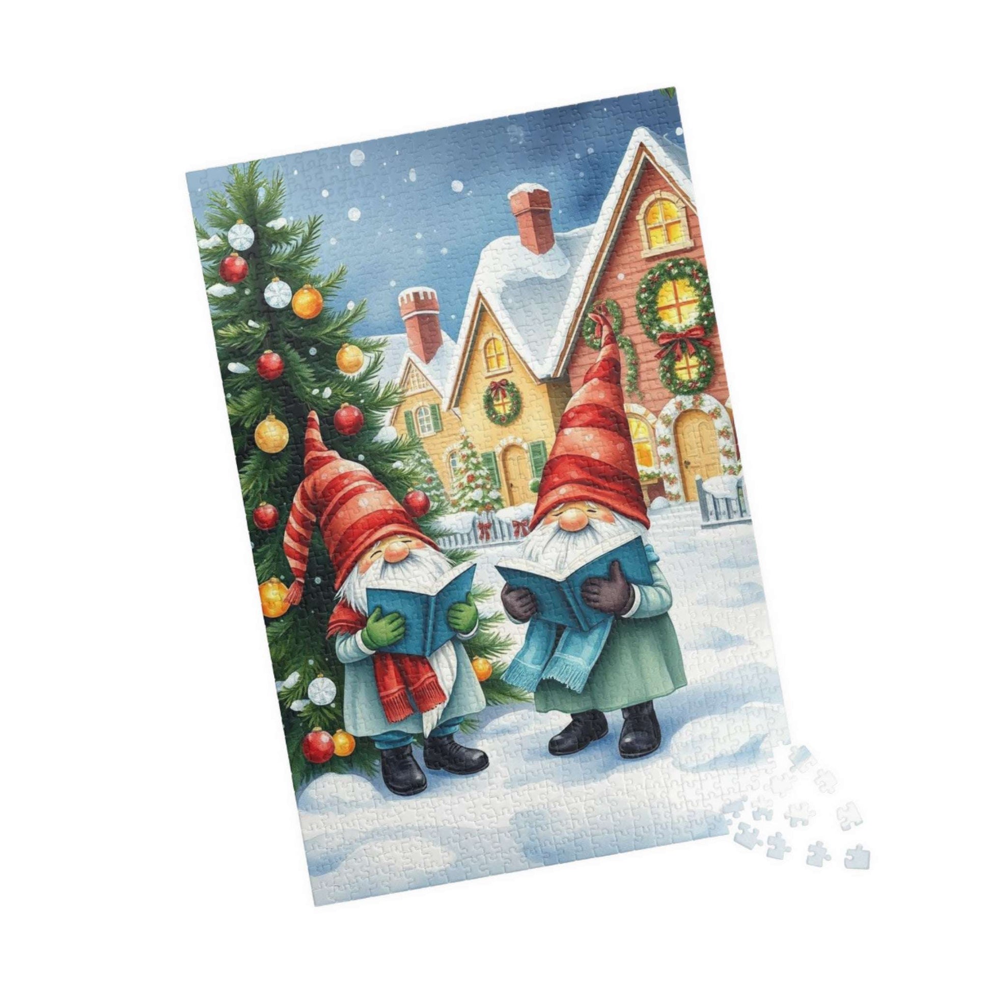 Christmas Caroling Gnomes in Snowy Village – Watercolor Storybook Holiday Jigsaw Puzzle 1014 pcs (Vertical) Puzzle The Puzzle Chest