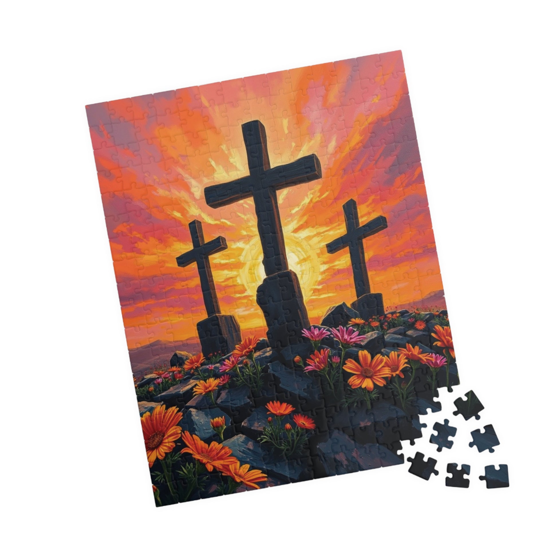 Three Crosses Sunrise Puzzle, Christian Wildflower Jigsaw Game, Spiritual Uplifting Scene with Wooden Crosses, Religious Puzzle Lover Gift Puzzle The Puzzle Chest