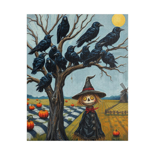 Feathered Frenzy Jigsaw Puzzle - Scarecrow and Crows, Halloween Fun Family or Solo Activity, Fall Holiday Birthday Gift for Puzzle Lover