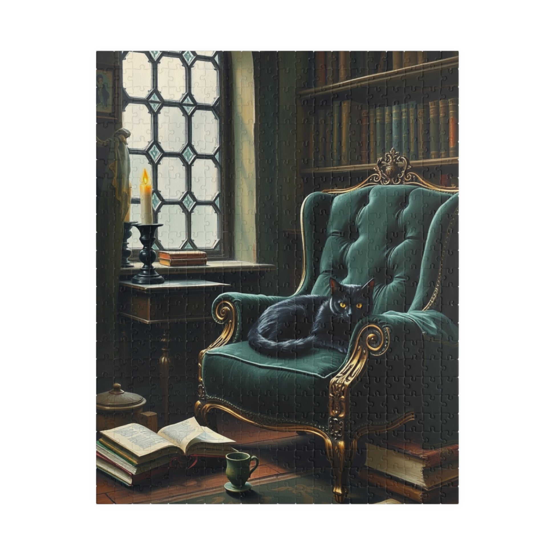 Cozy Gothic Cat Library Puzzle, 110/252/520/1014-Piece Solo Game, Gift Idea for Dark Fantasy Art Enthusiast and Cat Lover, Relaxing Activity 520 pcs (Vertical) Puzzle The Puzzle Chest