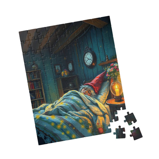 Rustic Gnome Sleeping Jigsaw Puzzle – Cottagecore Vintage Cozy Dwarf Bedroom 110 pcs (Vertical) Puzzle The Puzzle Chest