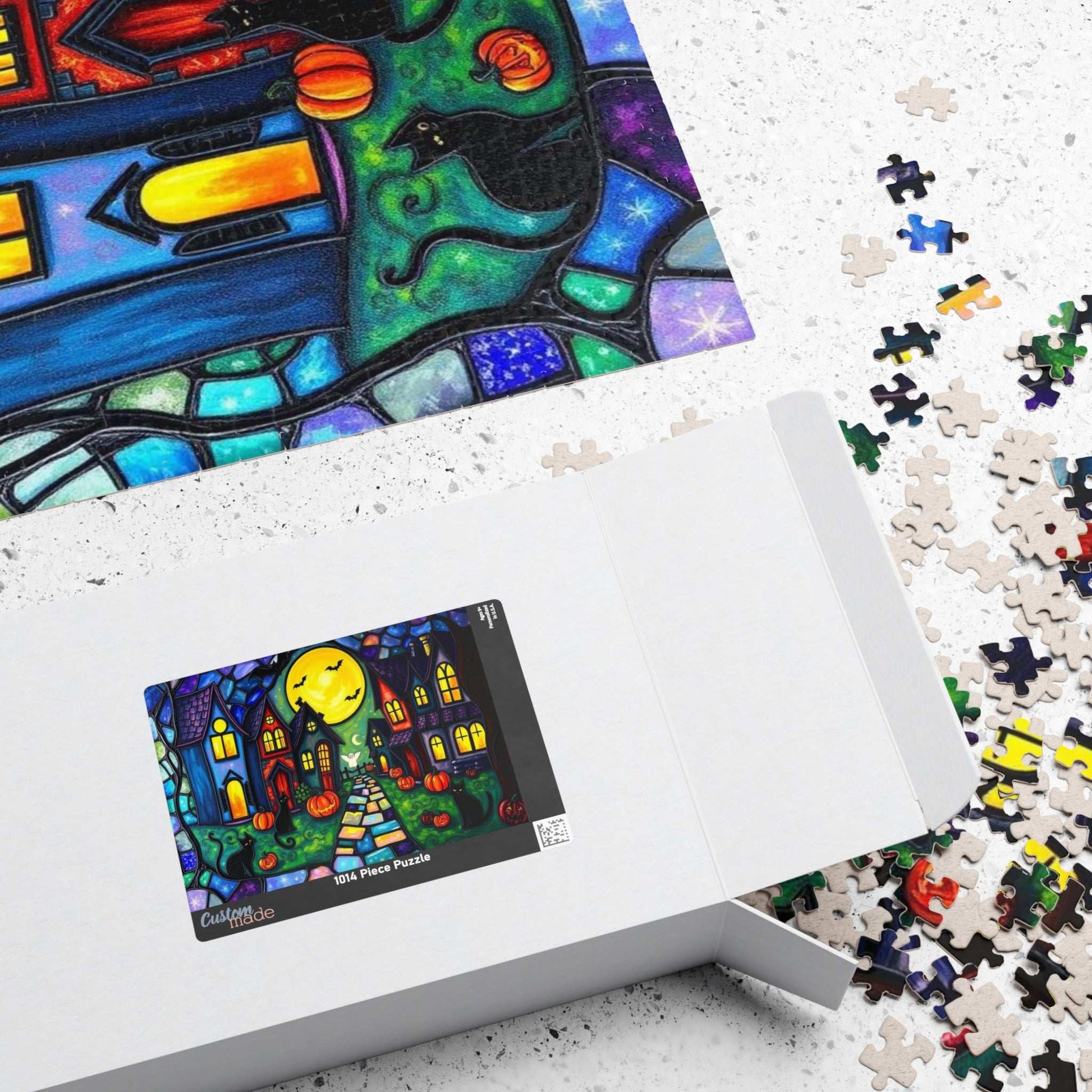 Halloween Puzzle for Adults - Spooky Village Black Cat Scene