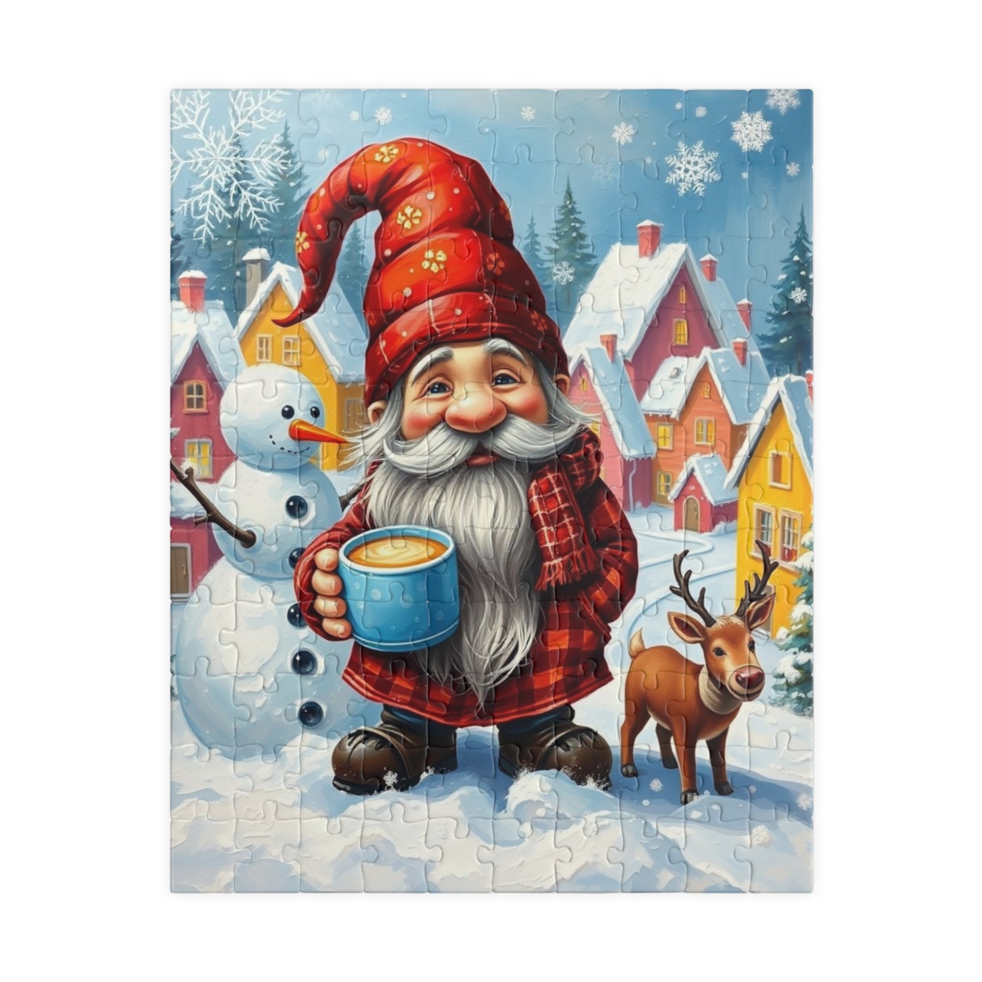 Charming Winter Gnome Puzzle, Reindeer Snowman and Hot Cocoa Holiday Fun, Snowy Village Scene Jigsaw Game, Puzzle Lover Gift, Mindfulness 110 pcs (Vertical) Puzzle The Puzzle Chest