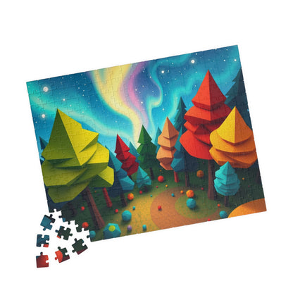 Abstract Landscape Jigsaw Puzzle, Magical Forest with Geometric Trees Aurora Sky, Challenging Game for Mental Exercise, Puzzle Lover Gift Puzzle The Puzzle Chest