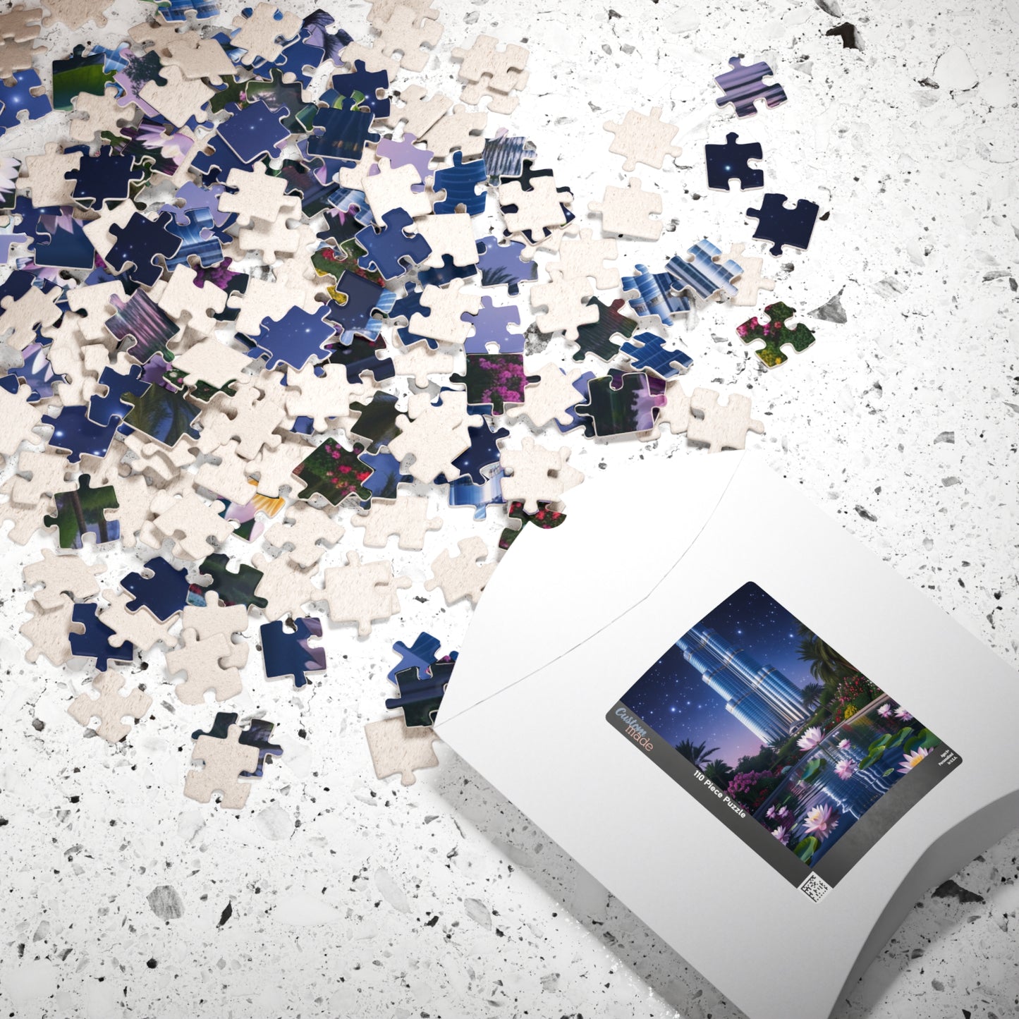 Burj Khalifa Reflections Jigsaw Puzzle, Dubai Skyline Lotus Water Lily Night Garden Landscape, Best Gift for Traveler Art Lover, Hobbyist Puzzle The Puzzle Chest