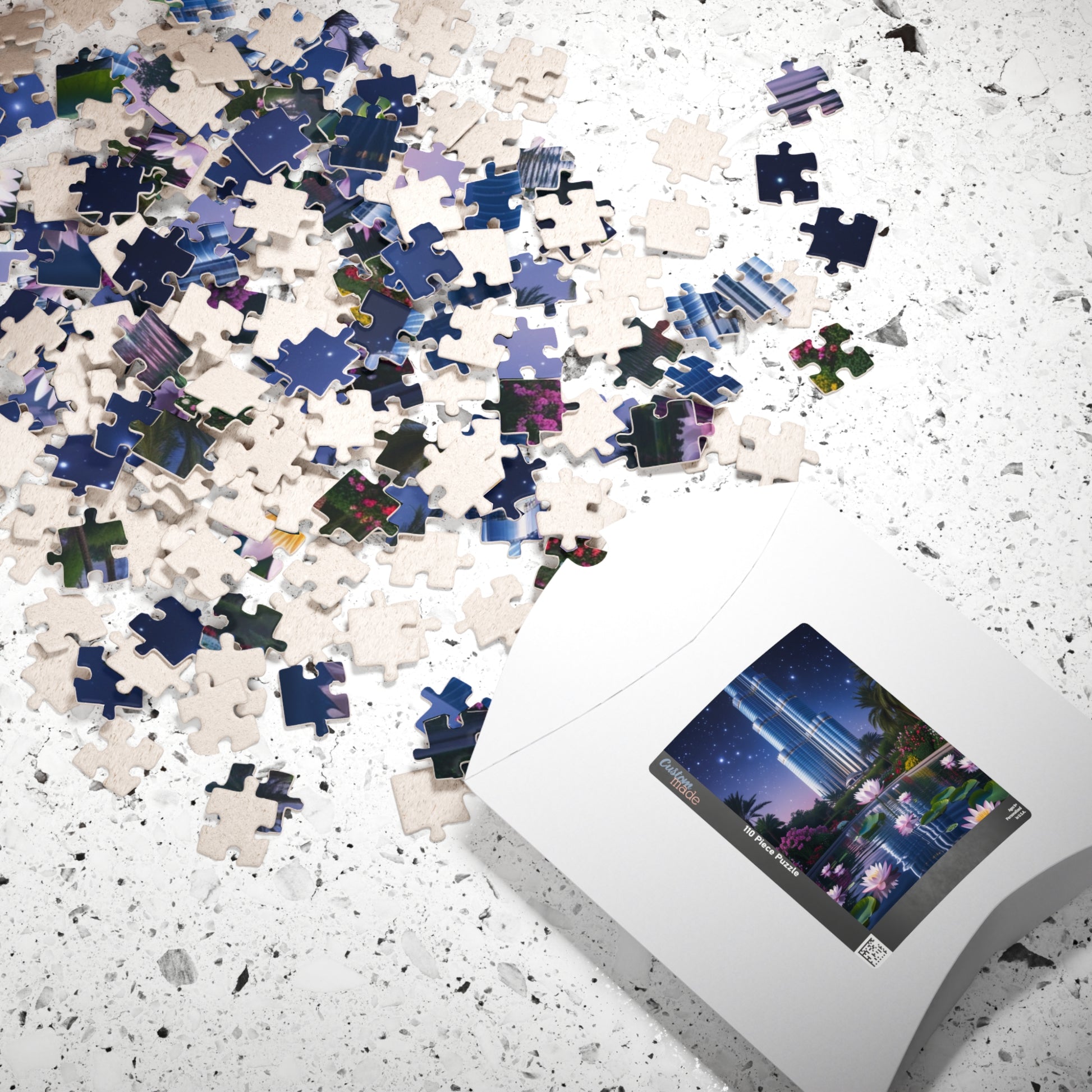 Burj Khalifa Reflections Jigsaw Puzzle, Dubai Skyline Lotus Water Lily Night Garden Landscape, Best Gift for Traveler Art Lover, Hobbyist Puzzle The Puzzle Chest