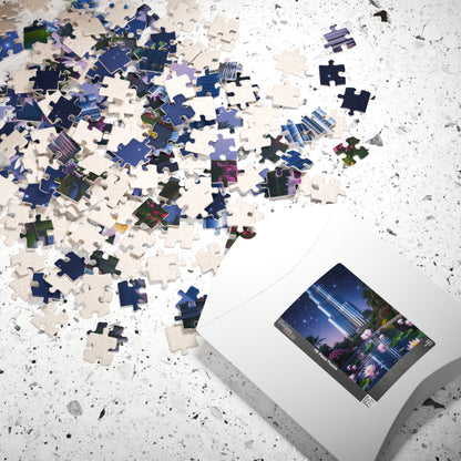 Burj Khalifa Reflections Jigsaw Puzzle, Dubai Skyline Lotus Water Lily Night Garden Landscape, Best Gift for Traveler Art Lover, Hobbyist Puzzle The Puzzle Chest