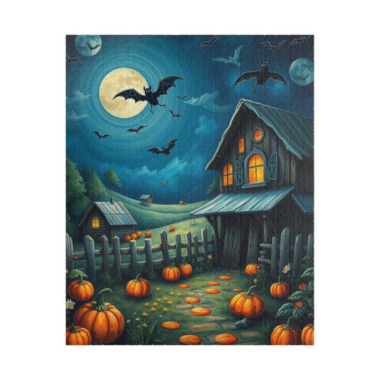 Moonlight Barn Halloween Puzzle, Spooky Night Scene 110 252 520-Piece Jigsaw Perfect Birthday Gift for Puzzle Lover, Fall Decor, Family Fun
