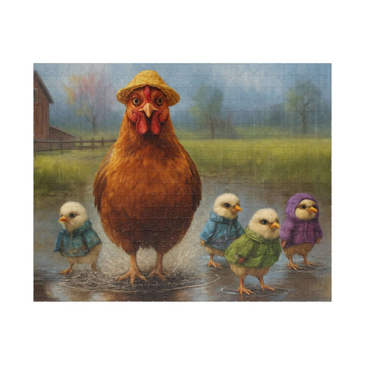 Mud Puddle Mischief Jigsaw Puzzle - Rainy Day Chicken Scene, Fun Family Game, Puzzle Lover Gift, Cozy Night In Activity, Farm Nature Theme 520 pcs (Horizontal) Puzzle The Puzzle Chest