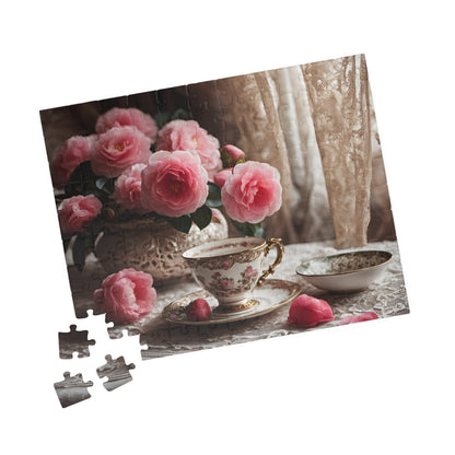 Jigsaw Puzzle, Teatime Vintage Image with Teacup and Carnations, Adult Tabletop Game, Brain Teaser, Creative Pastime, Gift for Puzzle Lover Puzzle The Puzzle Chest