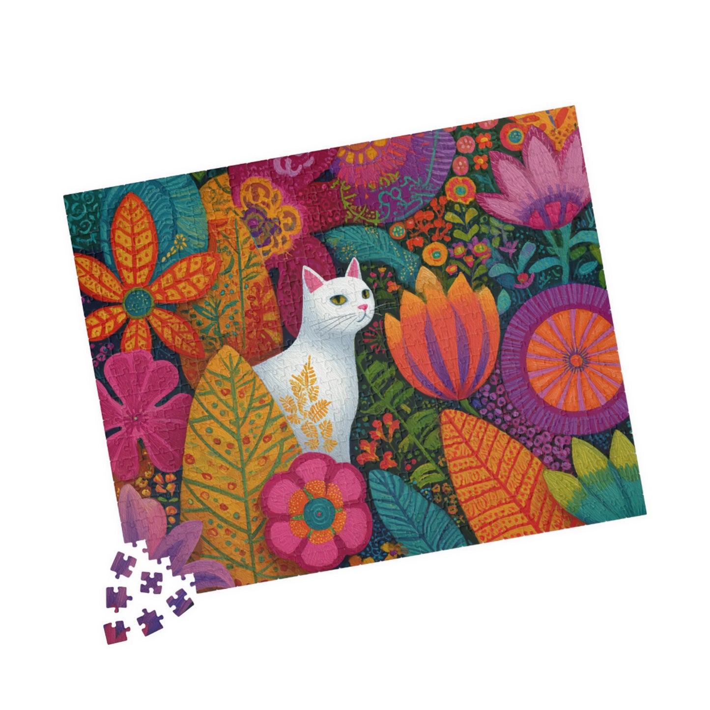 Cat Among the Flowers – Garden Cat Jigsaw Puzzle, Animal Theme Fauvist Flower Art Puzzle, Cartoonish 520 pcs (Horizontal) Puzzle The Puzzle Chest