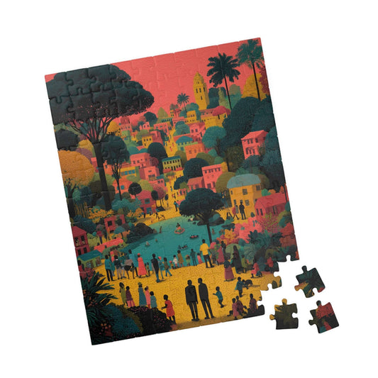 Afrocentric Black Art Jigsaw Puzzle - Vibrant Cityscape with African American Families and Children Playing 110 pcs (Vertical) Puzzle The Puzzle Chest