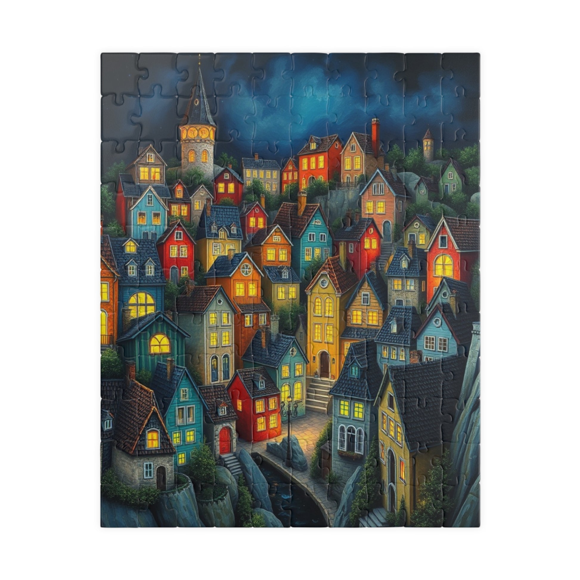 Village Puzzle at Night with Colorful Houses and Glowing Windows, Nighttime Adult Jigsaw Game, Bioluminescent Town 110 pcs (Vertical) The Puzzle Chest