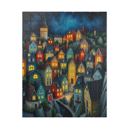 Village Puzzle at Night with Colorful Houses and Glowing Windows, Nighttime Adult Jigsaw Game, Bioluminescent Town 110 pcs (Vertical) The Puzzle Chest