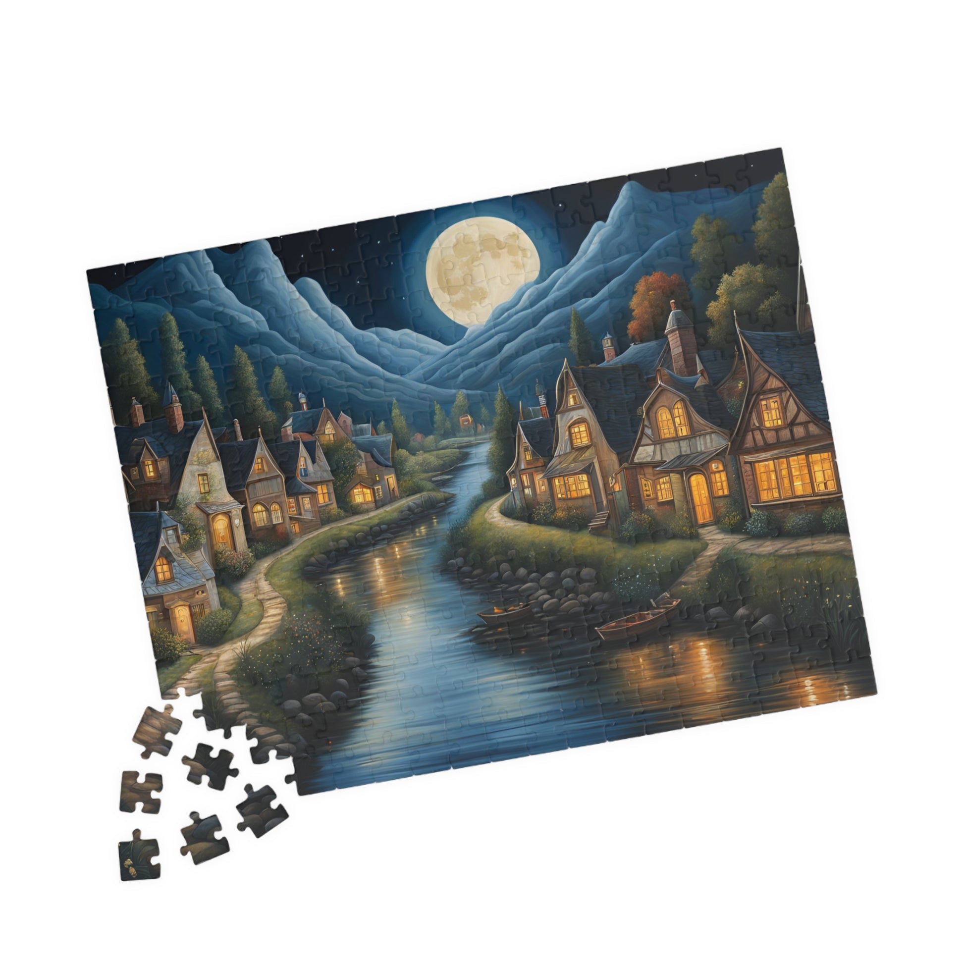 Nordic Night Village Puzzle, Serene Moonlit River Landscape, Cozy Scandinavian River Town Jigsaw Game, Mindfulness Gift for Puzzle Lover The Puzzle Chest