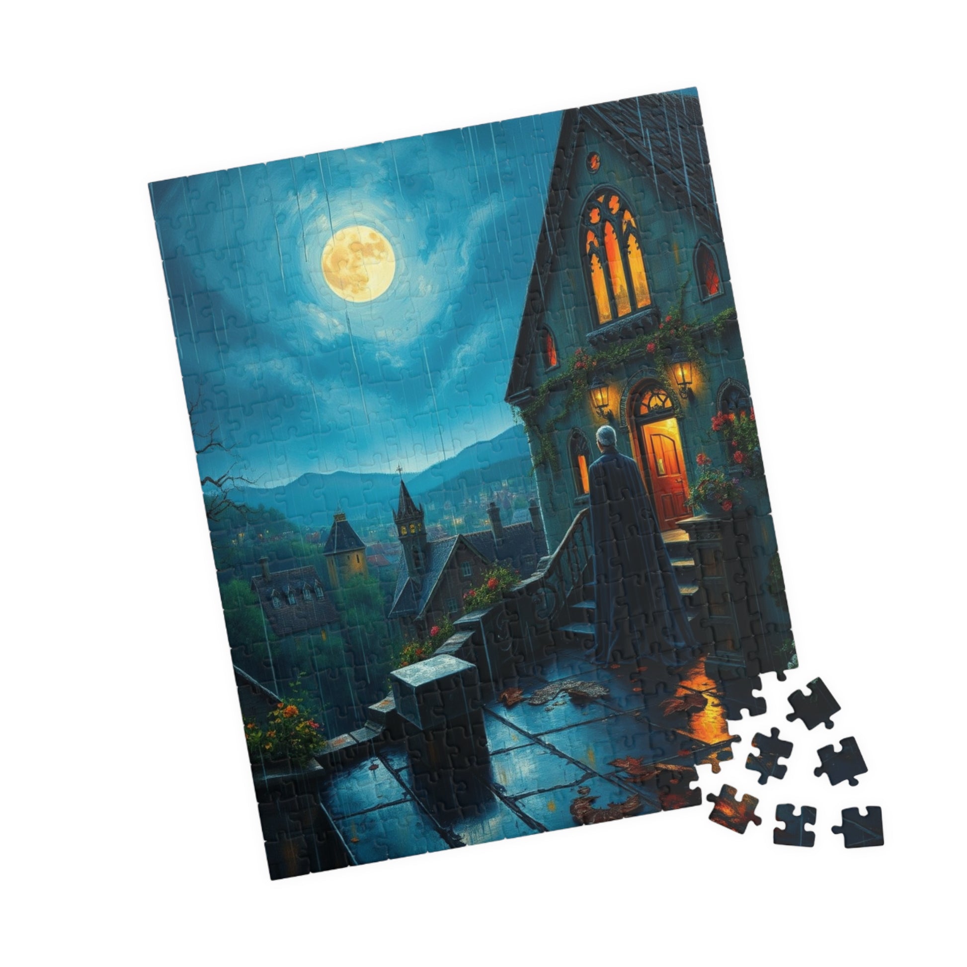 Gothic Vampire Puzzle, Rainy Night Manor Overlooking a Moonlit Village, Dark Fantasy Jigsaw Game, Gift for Lovers of Supernatural Lore Puzzle The Puzzle Chest