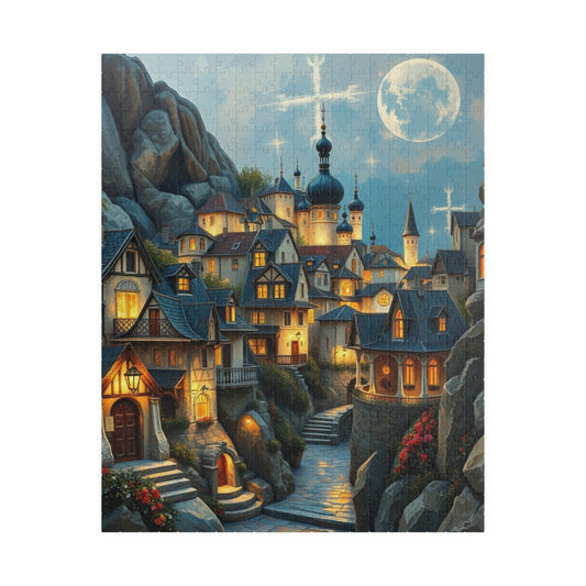 Mountain Village Puzzle, Elegant Moonlite Town Adult Jigsaw Game, Relaxing Indoor Hobby, Solo Activity, Family Fun, Holiday Birthday Gift 520 pcs (Vertical) The Puzzle Chest